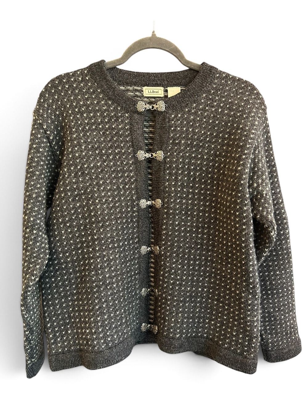 L.L. Bean Vintage 100% Wool Nordic Style Charcoal Knit Cardigan Sweater S